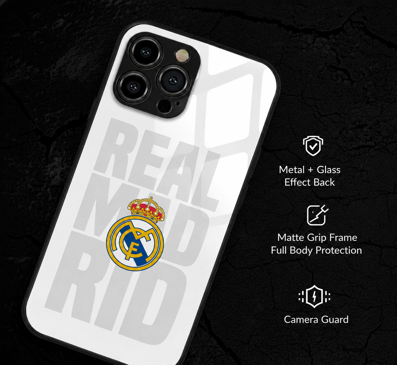 Real Madrid Premium Hybird Metal Glass Phone Case | Shockproof Camera Protection