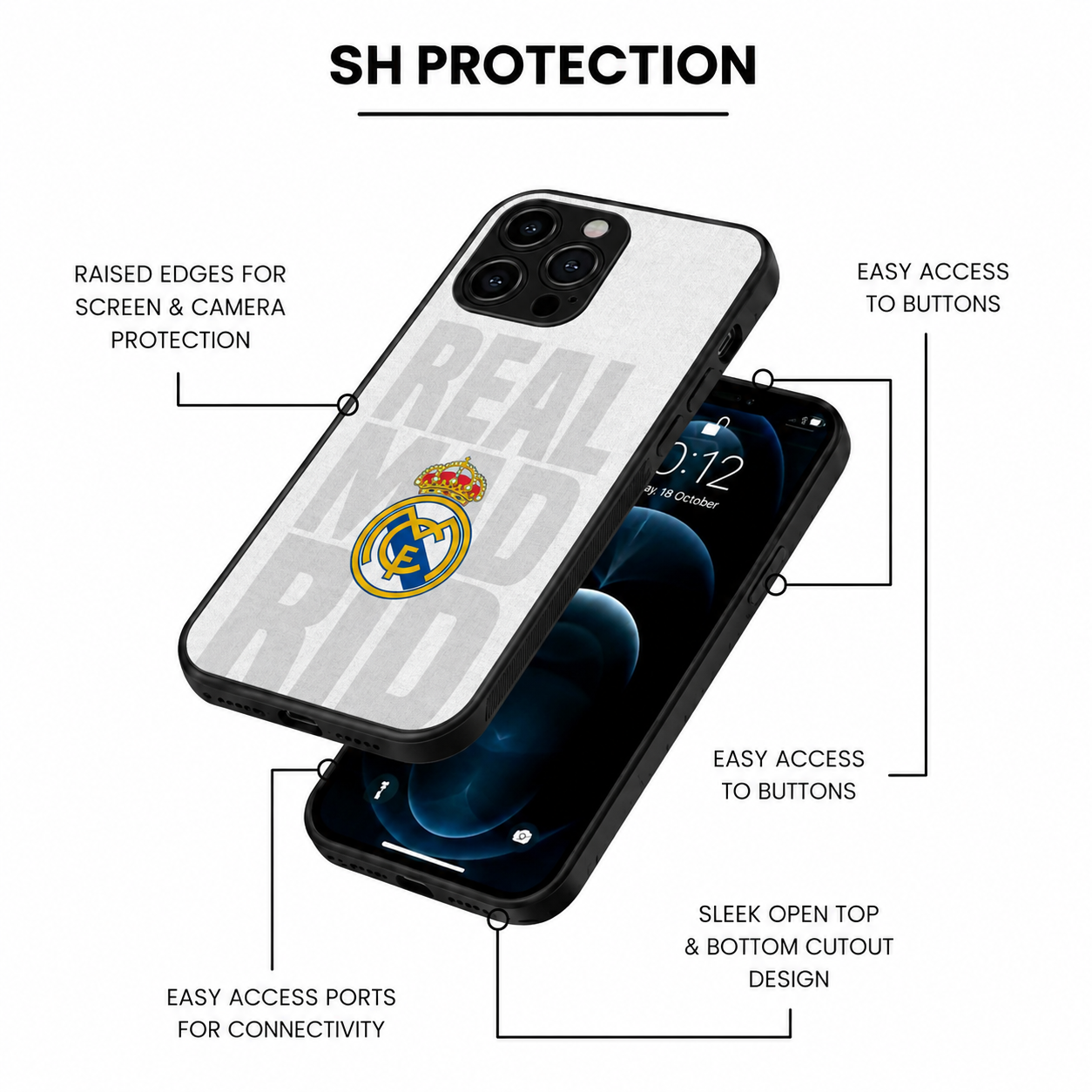 Real Madrid Premium Hybird Metal Glass Phone Case | Shockproof Camera Protection