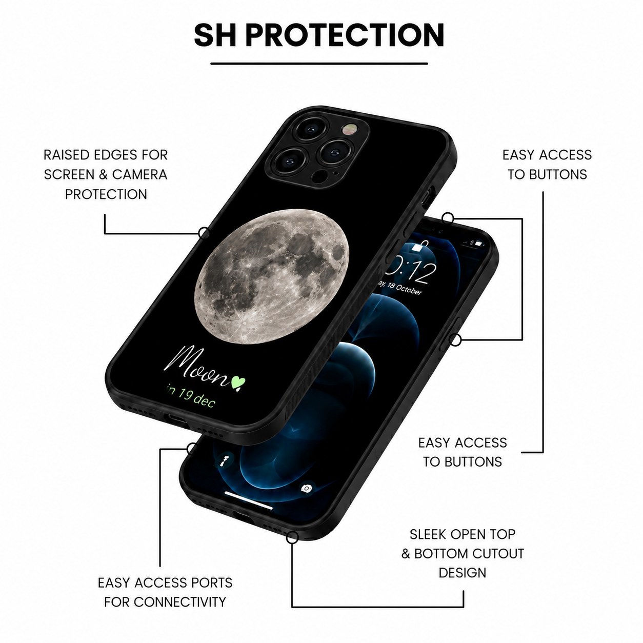 Custom Moon Date Hybird Metal Glass Phone Case