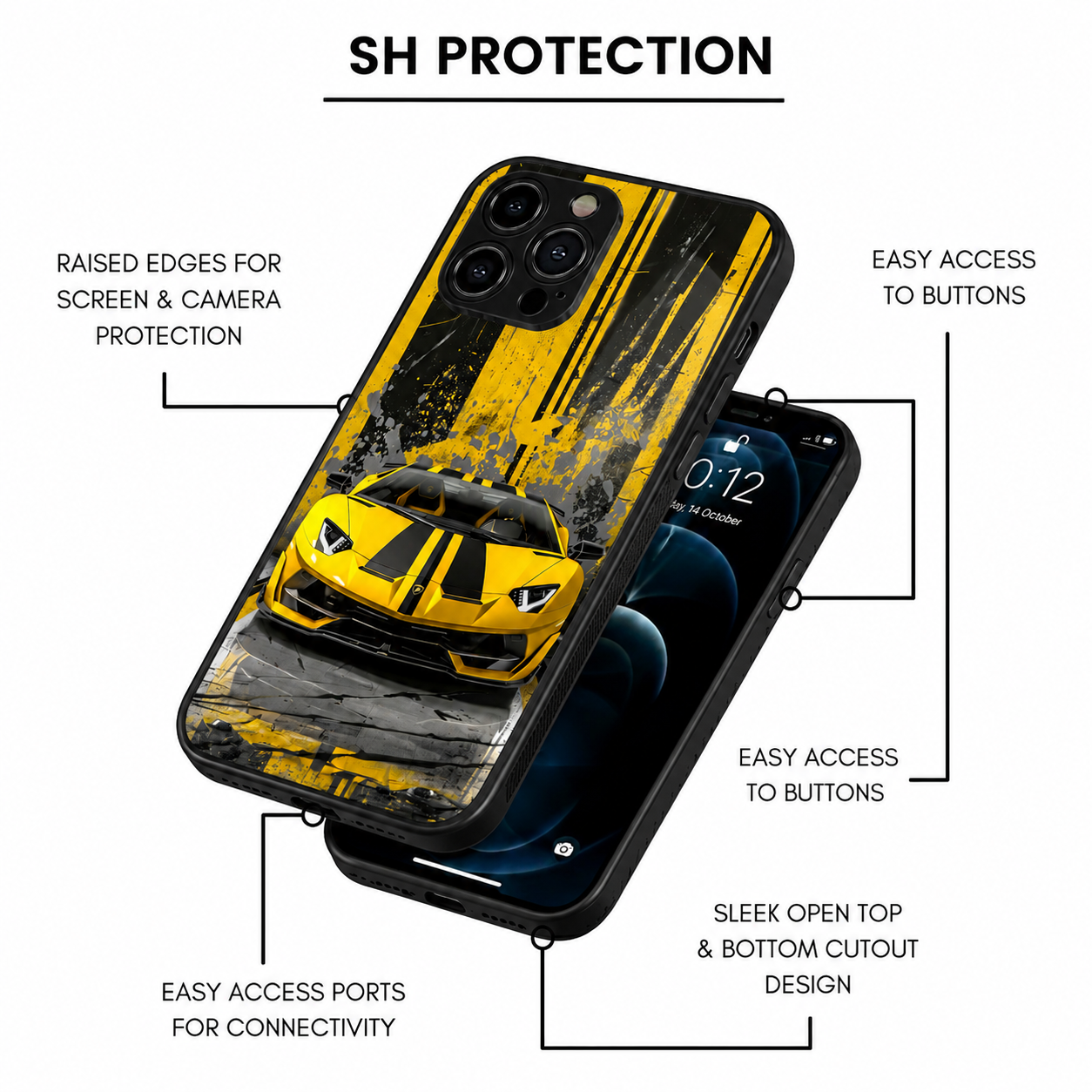 Yellow Lamborghini Style Metal Phone Case | Premium Protective Cover