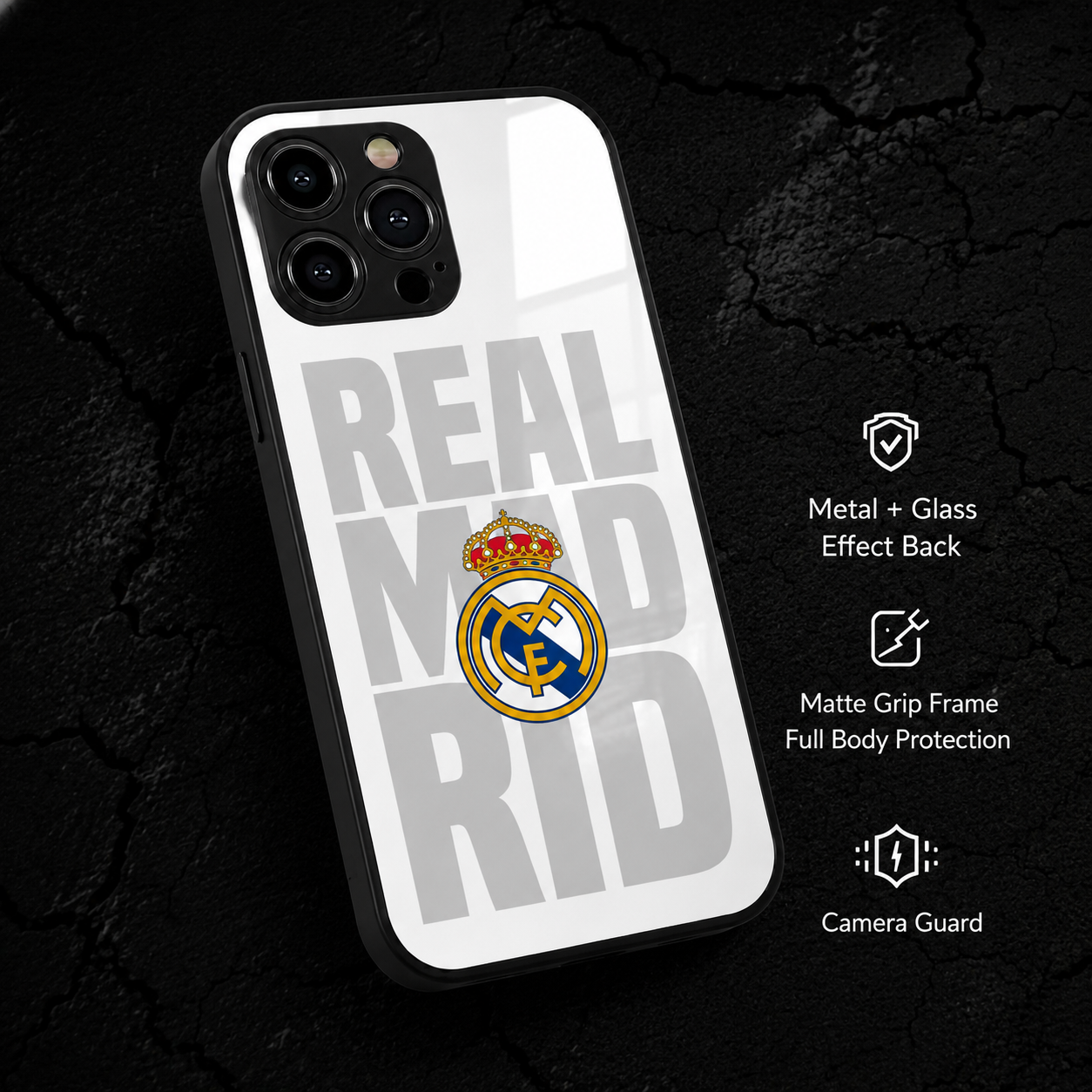 Real Madrid Premium Hybird Metal Glass Phone Case | Shockproof Camera Protection